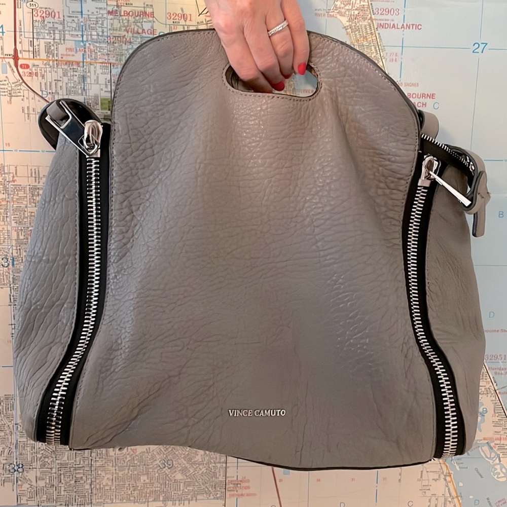 Vince Camuto Gray Tote with Black Trim and Silver Zippers